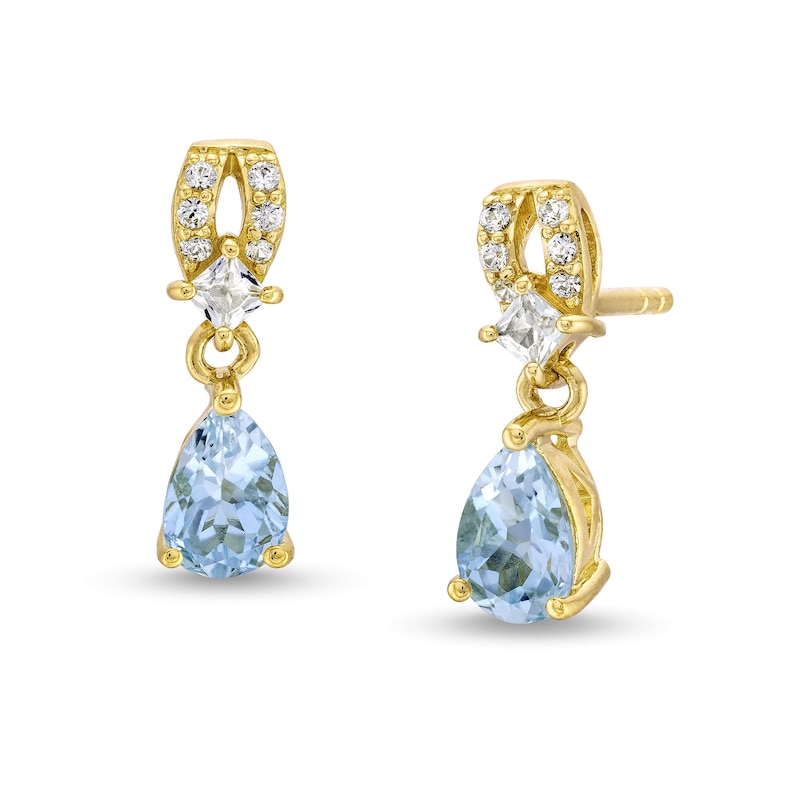 Main Image 1 of Pear-Shaped Aquamarine and White Lab-Created Sapphire Loop Drop Earrings in Sterling Silver with 14K Gold Plate