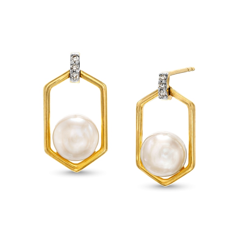 Main Image 1 of 6.0-6.5mm Freshwater Cultured Pearl and Diamond Accent Hexagon Frame Drop Earrings in 10K Gold