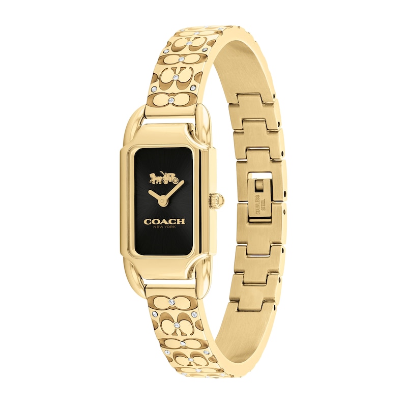 Ladies' Coach Cadie Crystal Accent Gold-Tone IP Bangle Watch with Rectangular Black Dial (Model: 14504250)