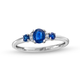 Oval and Round Blue Sapphire with Diamond Accent Three Stone Collar Ring in 10K White Gold
