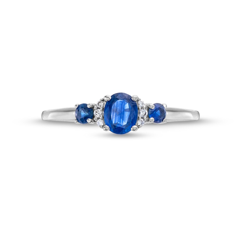 Main Image 4 of Oval and Round Blue Sapphire with Diamond Accent Three Stone Collar Ring in 10K White Gold