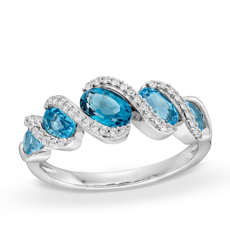 Main Image 1 of Oval Blue Topaz and White Lab-Created Sapphire Cascading Five Stone Ring in Sterling Silver