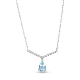 Pear-Shaped Aquamarine Dangle and White Lab-Created Sapphire Chevron Bar Necklace in Sterling Silver