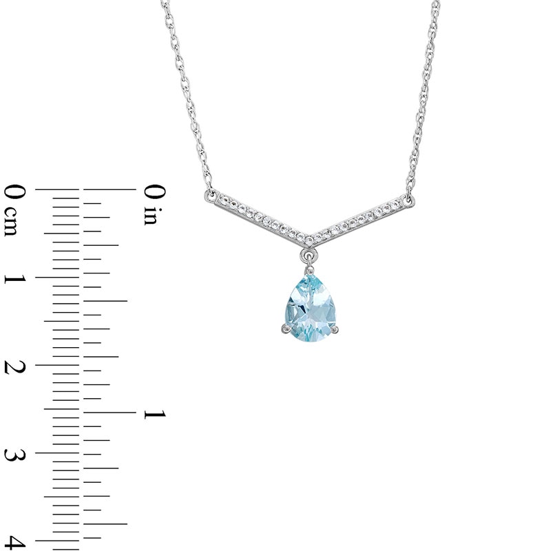 Main Image 3 of Pear-Shaped Aquamarine Dangle and White Lab-Created Sapphire Chevron Bar Necklace in Sterling Silver