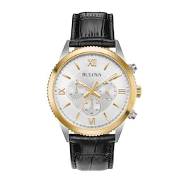 Men's Bulova Black Leather Strap Chronograph Watch with Mother-of-Pearl Skeleton Dial (Model: 98A218)
