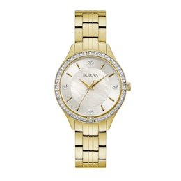 Ladies' Bulova Crystal Accent Gold-Tone Watch with Silver Dial (Model: 98L274)