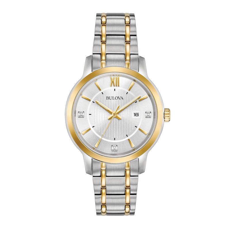 Ladies' Bulova Classic Diamond Accent Two-Tone Watch with Silver-Tone Dial (Model: 98P175)