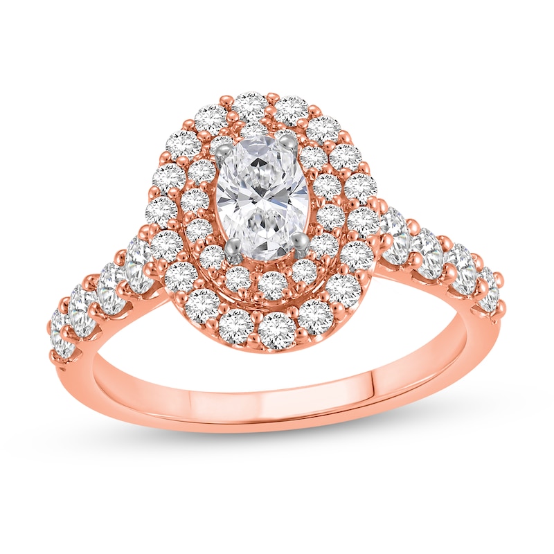 Main Image 1 of 1-1/2 CT. T.W. Oval Certified Lab-Created Diamond Double Frame Engagement Ring in 14K Rose Gold (F/VS2)