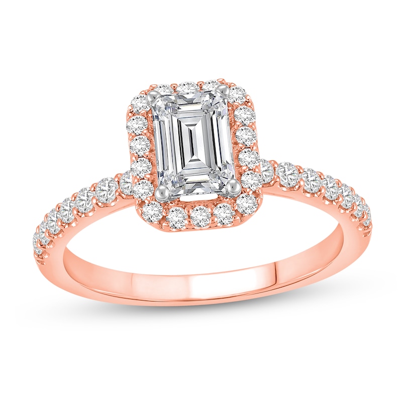 Main Image 1 of 1-1/2 CT. T.W. Emerald Certified Lab-Created Diamond Frame Engagement Ring in 14K Rose Gold (F/VS2)