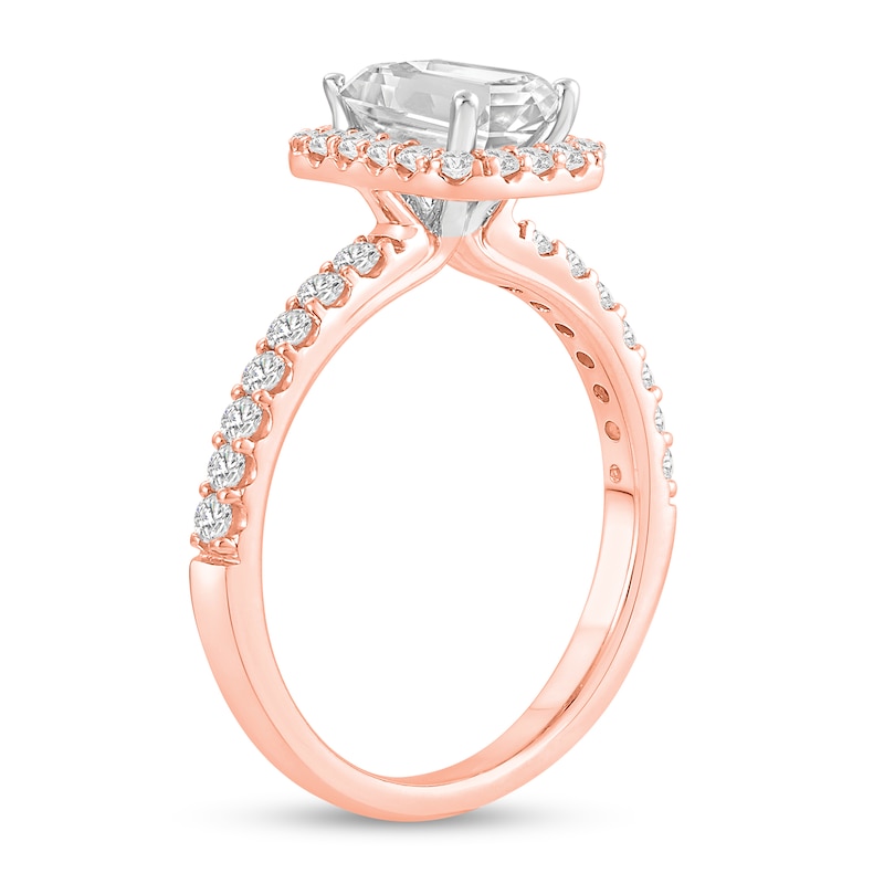 Main Image 2 of 1-1/2 CT. T.W. Emerald Certified Lab-Created Diamond Frame Engagement Ring in 14K Rose Gold (F/VS2)