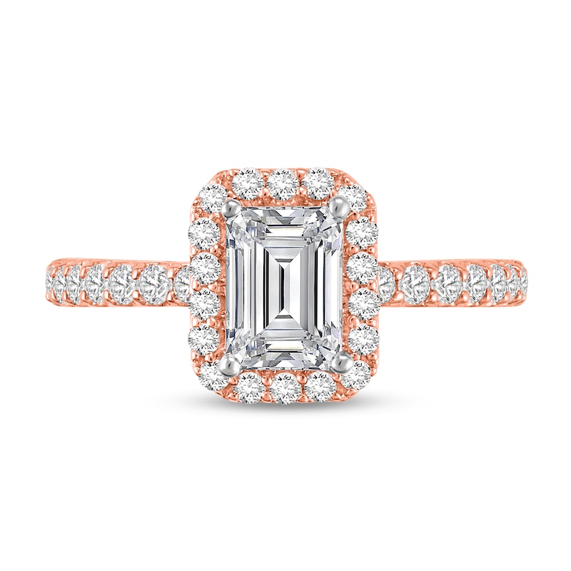 Main Image 3 of 1-1/2 CT. T.W. Emerald Certified Lab-Created Diamond Frame Engagement Ring in 14K Rose Gold (F/VS2)