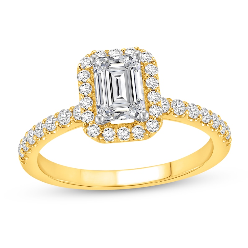 Main Image 1 of 1-1/2 CT. T.W. Emerald Certified Lab-Created Diamond Frame Engagement Ring in 14K Gold (F/VS2)