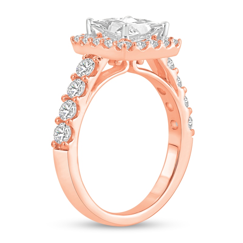 Main Image 2 of 2-1/2 CT. T.W. Princess Certified Lab-Created Diamond Cushion Frame Engagement Ring in 14K Rose Gold (F/VS2)