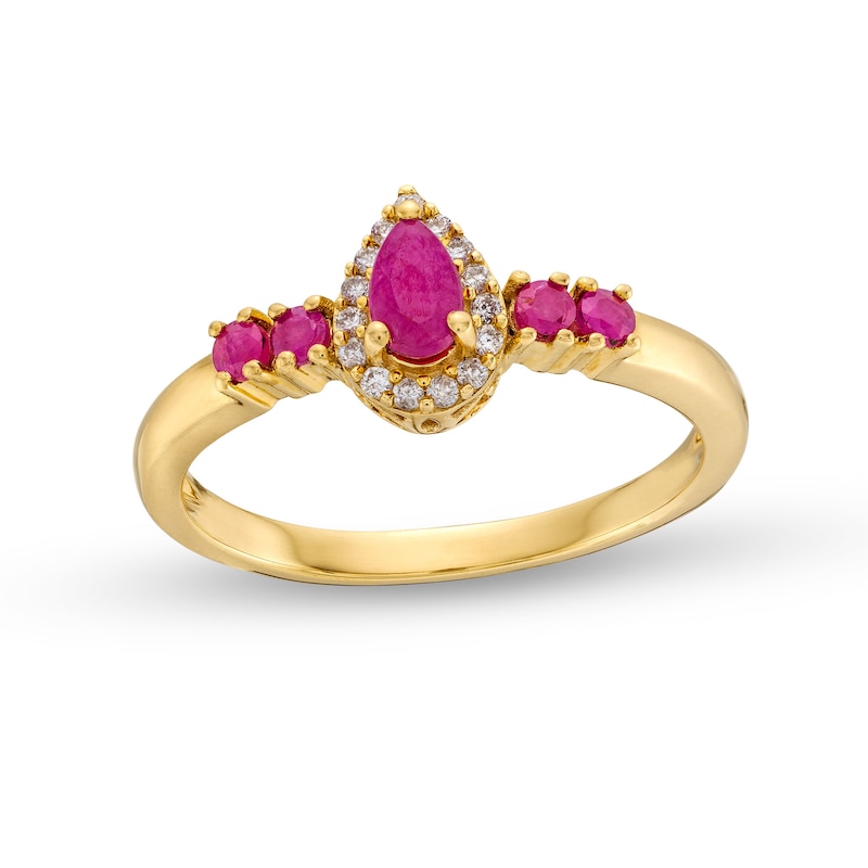 Pear-Shaped and Round Ruby with 1/15 CT. T.W. Diamond Frame Ring in 10K Gold