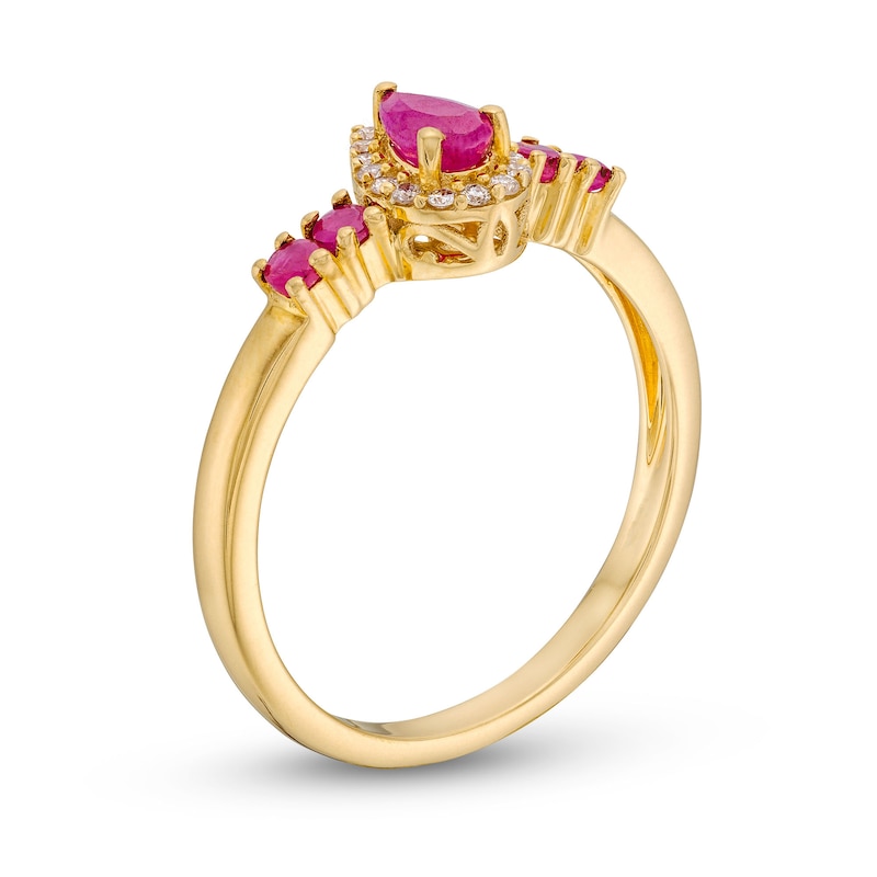 Main Image 3 of Pear-Shaped and Round Ruby with 1/15 CT. T.W. Diamond Frame Ring in 10K Gold