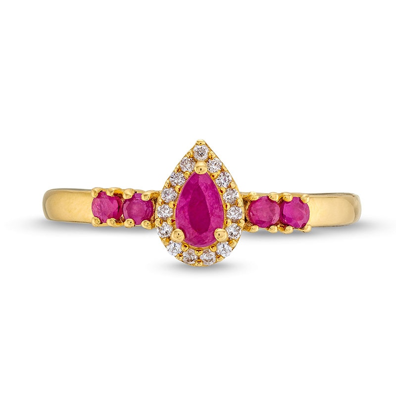 Pear-Shaped and Round Ruby with 1/15 CT. T.W. Diamond Frame Ring in 10K Gold