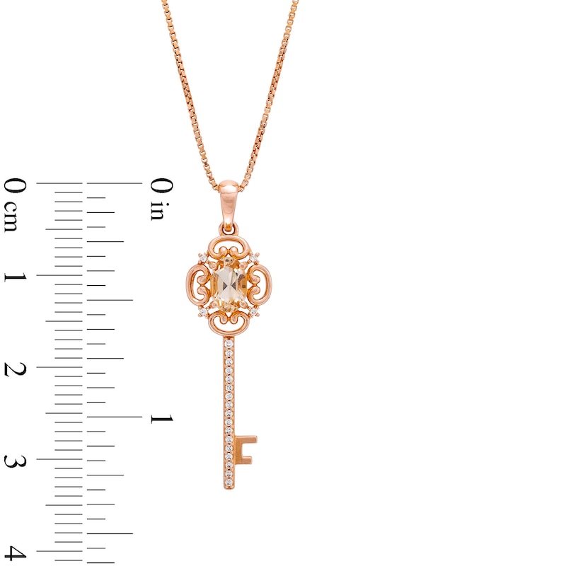 Oval Morganite and White Lab-Created Sapphire Scroll-Top Key Pendant in Sterling Silver with 14K Rose Gold Plate