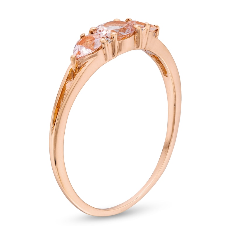 Main Image 3 of Oval and Pear-Shaped Morganite with Diamond Accent Three Stone Ring in 10K Rose Gold