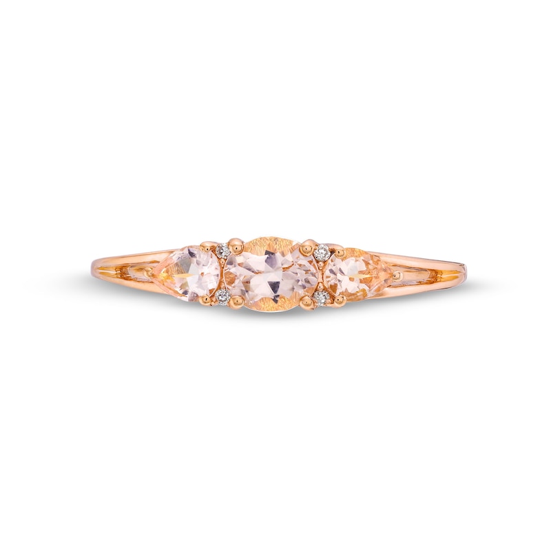 Main Image 4 of Oval and Pear-Shaped Morganite with Diamond Accent Three Stone Ring in 10K Rose Gold