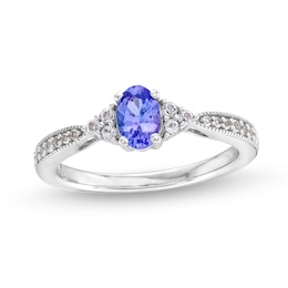 Oval Tanzanite and White Lab-Created Sapphire Tri-Sides Vintage-Style Ring in Sterling Silver