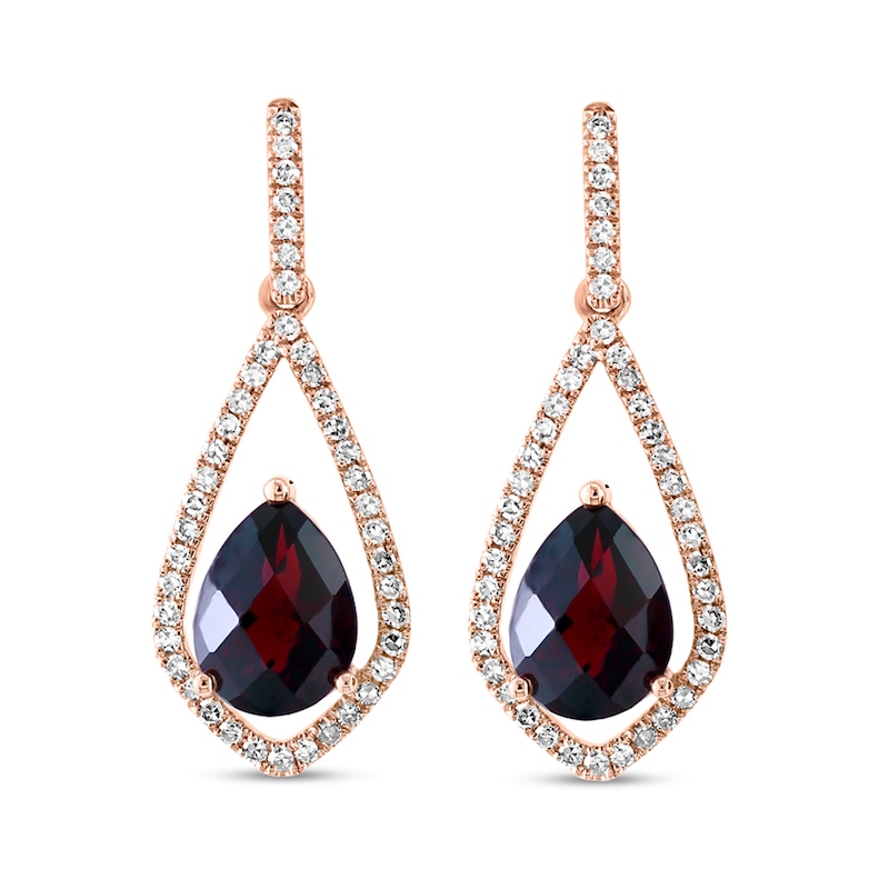 Main Image 2 of EFFY™ Collection Pear-Shaped Rhodolite Garnet and 1/3 CT. T.W. Diamond Open Frame Drop Earrings in 14K Rose Gold