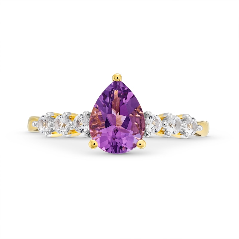 Main Image 4 of Pear-Shaped Amethyst and White Lab-Created Sapphire Trio Ring in Sterling Silver with 14K gold Plate