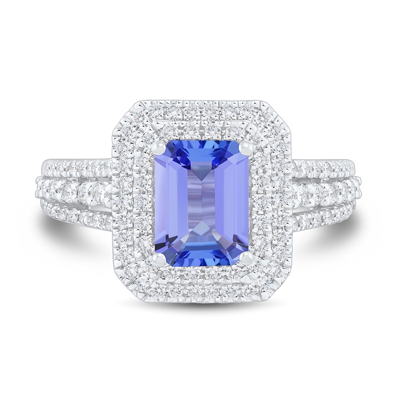 Emerald-Shaped Tanzanite and 5/8 CT. T.W. Diamond Double Frame Triple ...