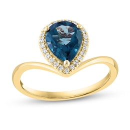 EFFY™ Collection Pear-Shaped London Blue Topaz and 1/10 CT. T.W. Diamond Frame Chevron Shank Ring in 14K Gold