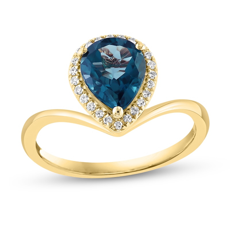 Main Image 1 of EFFY™ Collection Pear-Shaped London Blue Topaz and 1/10 CT. T.W. Diamond Frame Chevron Shank Ring in 14K Gold