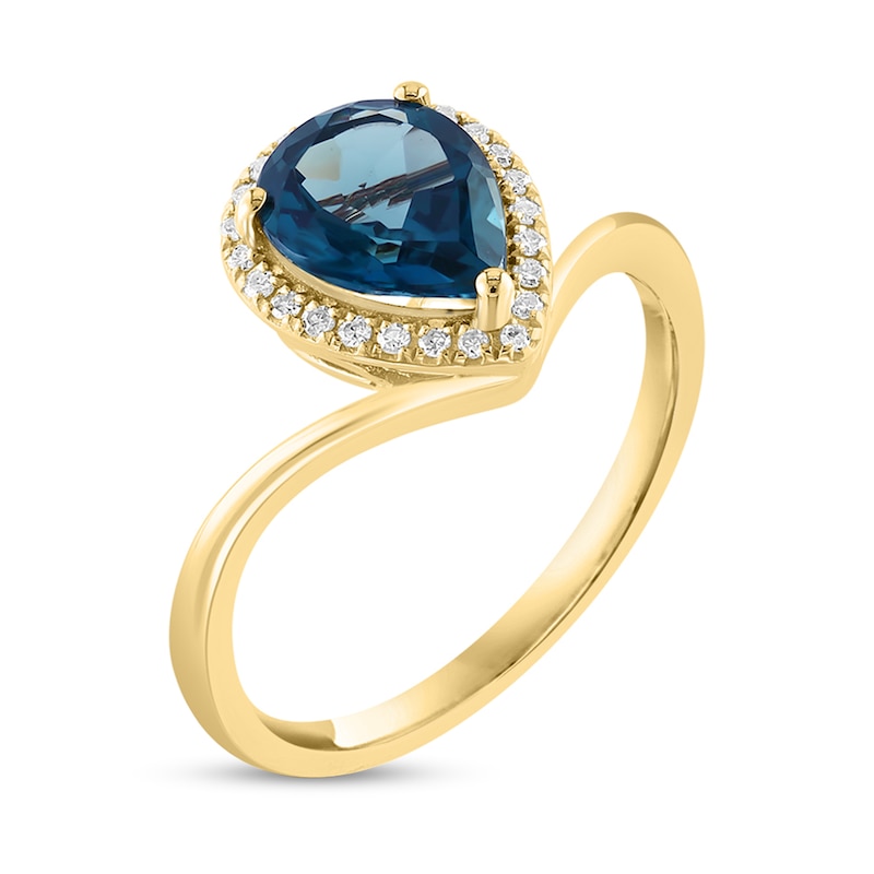 Main Image 2 of EFFY™ Collection Pear-Shaped London Blue Topaz and 1/10 CT. T.W. Diamond Frame Chevron Shank Ring in 14K Gold