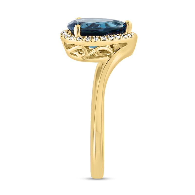 Main Image 3 of EFFY™ Collection Pear-Shaped London Blue Topaz and 1/10 CT. T.W. Diamond Frame Chevron Shank Ring in 14K Gold