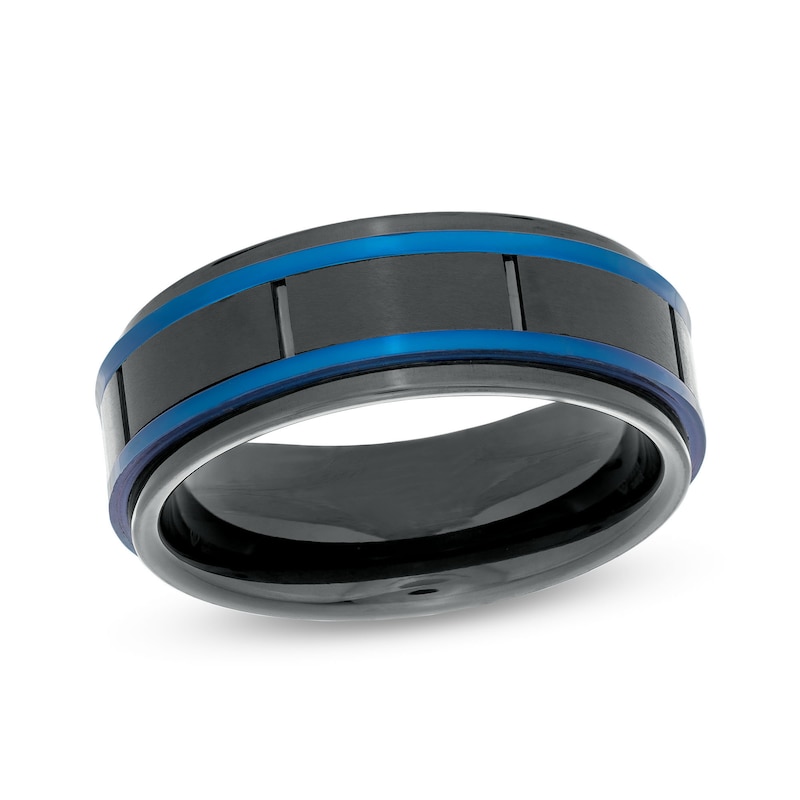 Main Image 1 of Men's 8.0mm Double Stripe Wedding Band in Tungsten with Black and Blue Ion-Plate