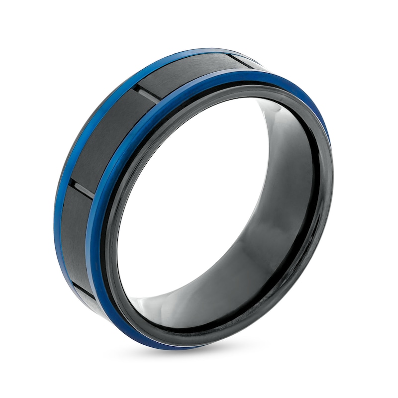 Main Image 3 of Men's 8.0mm Double Stripe Wedding Band in Tungsten with Black and Blue Ion-Plate