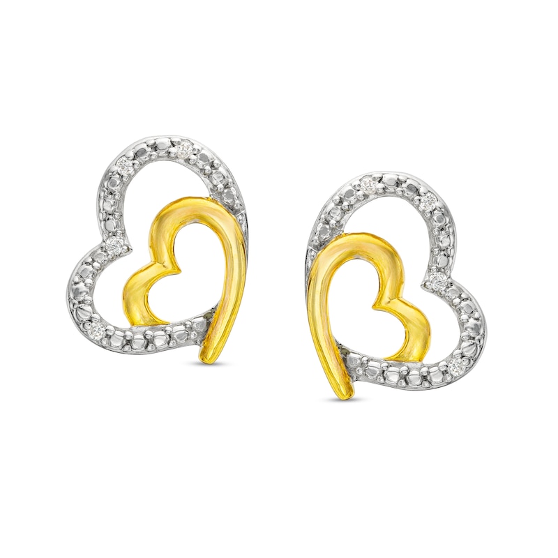 Main Image 1 of Diamond Accent Tilted Double Heart Stud Earrings in Sterling Silver and 10K Gold Plate