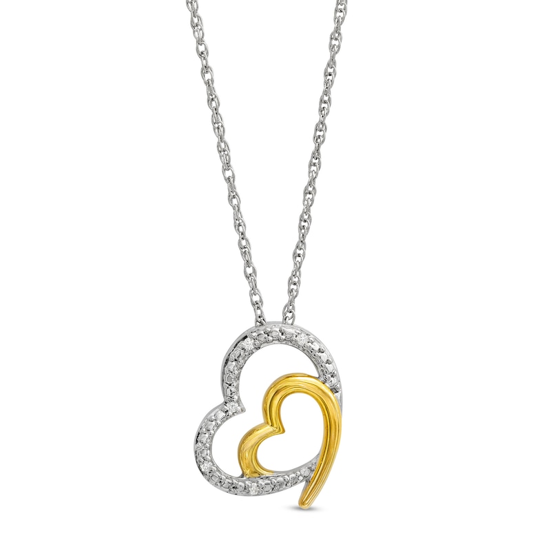 Main Image 1 of Diamond Accent Tilted Double Heart Pendant in Sterling Silver and 10K Gold Plate