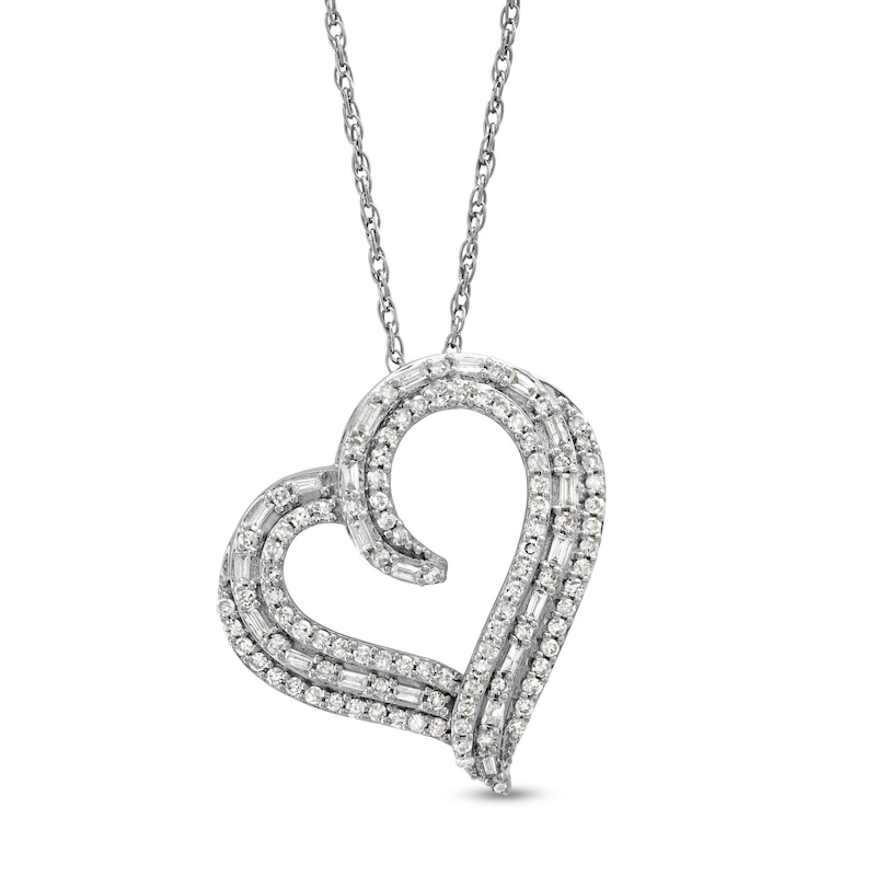 1/2 CT. T.W. Baguette and Round Diamond Triple Row Tilted Heart Pendant in 10K White Gold