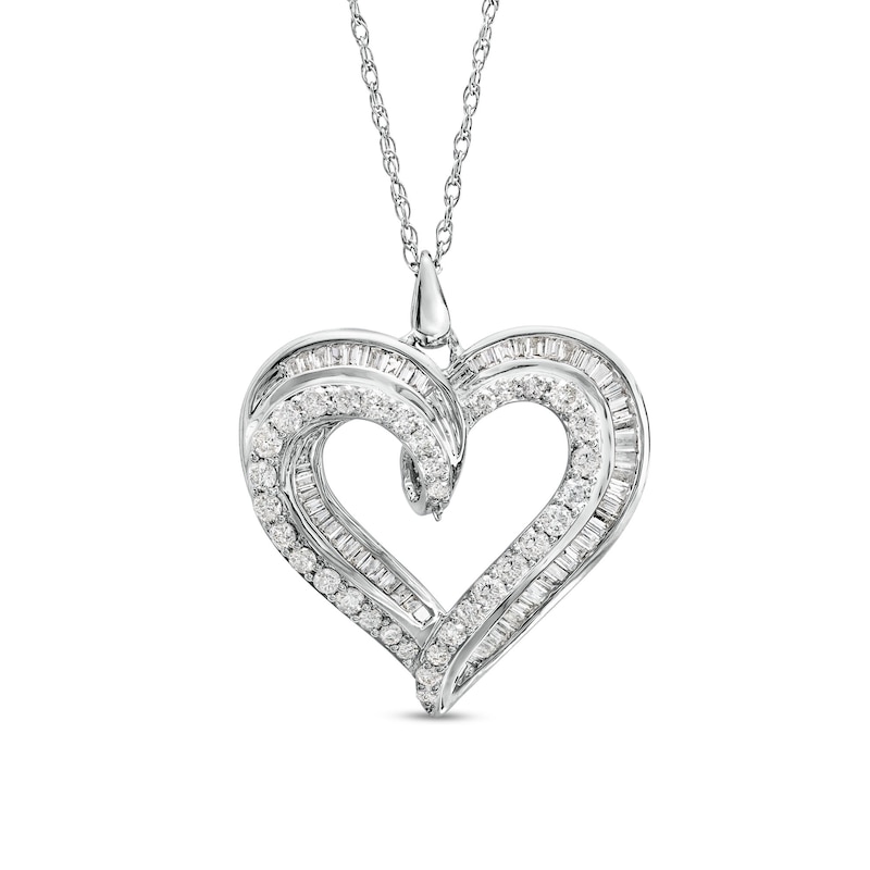 Main Image 1 of 1 CT. T.W. Baguette and Round Diamond Triple Row Loop Heart Pendant in 10K White Gold