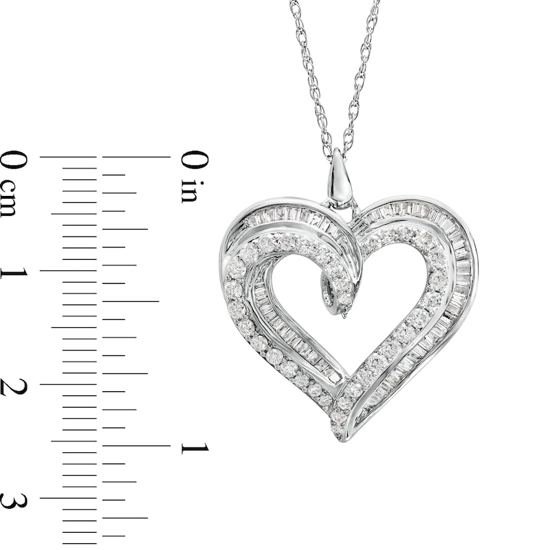 Main Image 3 of 1 CT. T.W. Baguette and Round Diamond Triple Row Loop Heart Pendant in 10K White Gold