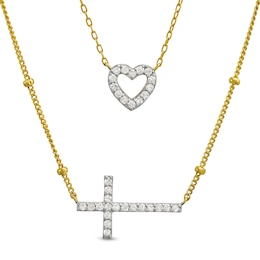 1/3 CT. T.W. Diamond Heart and Cross Double Strand Necklace in Sterling Silver with 18K Gold Plate