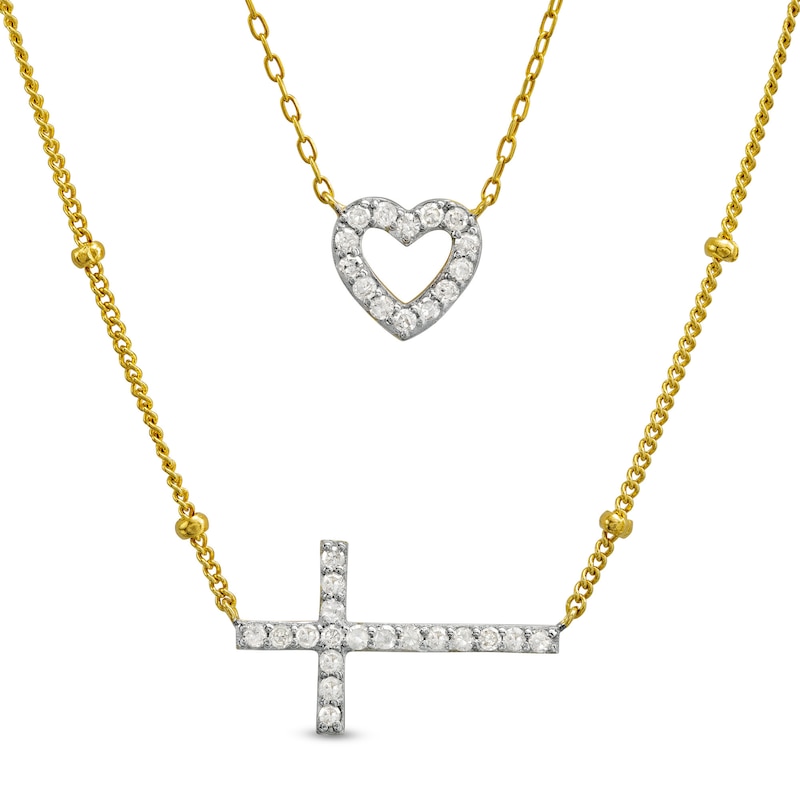 Main Image 1 of 1/3 CT. T.W. Diamond Heart and Cross Double Strand Necklace in Sterling Silver with 18K Gold Plate