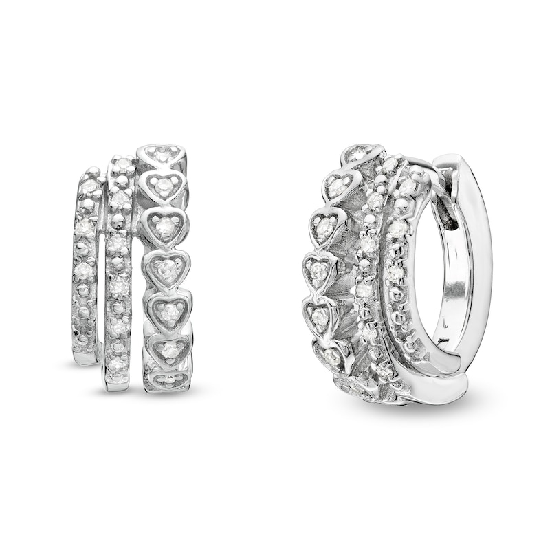 Main Image 1 of 1/10 CT. T.W. Diamond Triple Row Heart Huggie Hoop Earrings in Sterling Silver