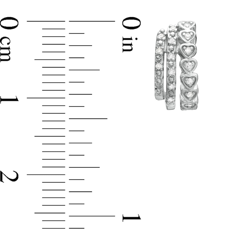 Main Image 3 of 1/10 CT. T.W. Diamond Triple Row Heart Huggie Hoop Earrings in Sterling Silver