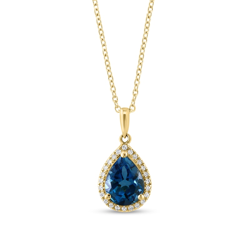 Main Image 1 of EFFY™ Collection Pear-Shaped London Blue Topaz and 1/10 CT. T.W. Diamond Frame Drop Pendant in 14K Gold