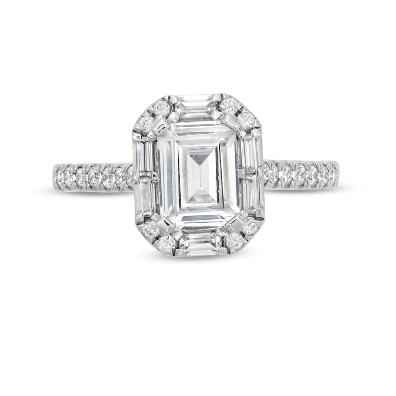 2 CT. T.W. Certified Emerald-Cut Lab-Created Diamond Frame Engagement Ring in 14K White Gold (F/VS2)