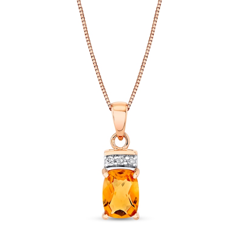 Main Image 1 of Elongated Cushion-Cut Citrine and 1/20 CT. T.W. Diamond Collar Pendant in 14K Rose Gold