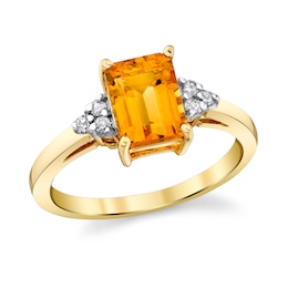 Emerald-Cut Citrine and 1/8 CT. T.W. Diamond Tri-Sides Ring in 14K Gold
