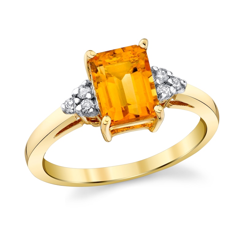 Main Image 1 of Emerald-Cut Citrine and 1/8 CT. T.W. Diamond Tri-Sides Ring in 14K Gold