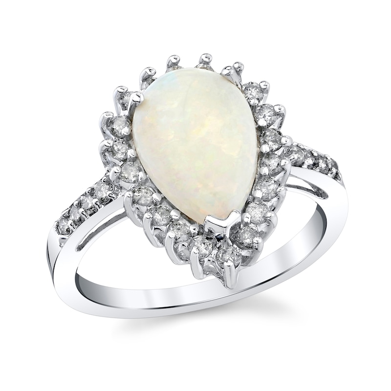 Pear-Shaped Opal and 3/8 CT. T.W. Diamond Sunburst Frame Ring in 14K ...