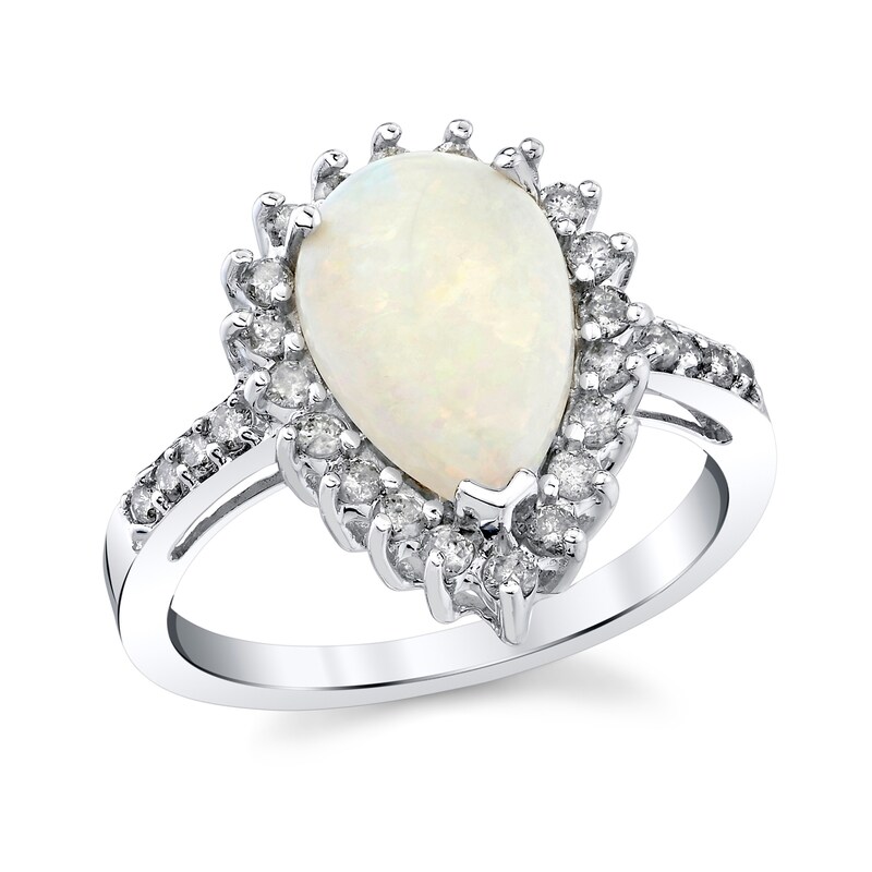 Pear-Shaped Opal and 3/8 CT. T.W. Diamond Sunburst Frame Ring in 14K ...