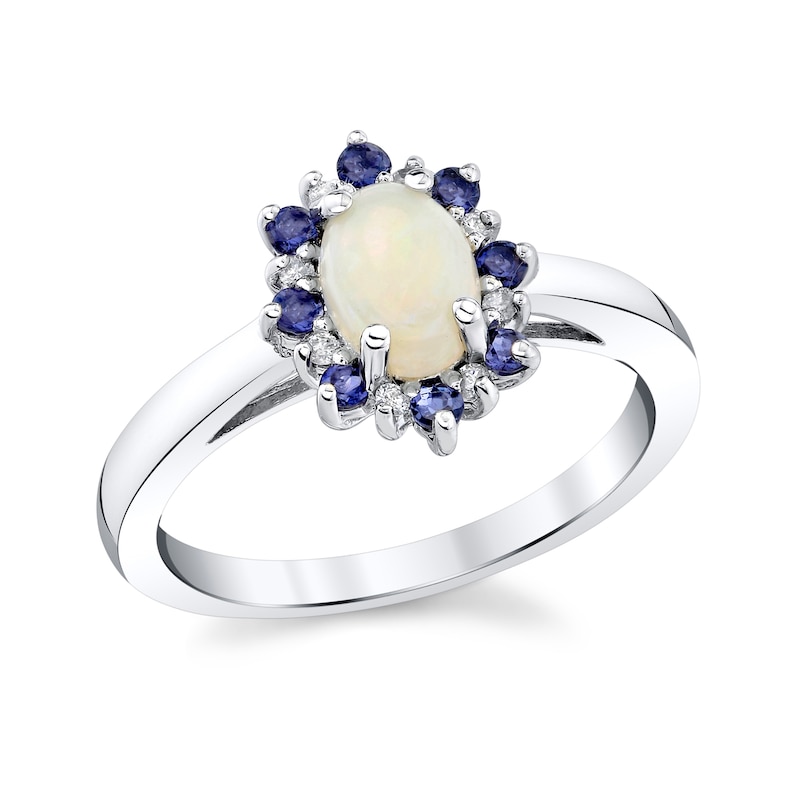Oval Opal, Blue Sapphire and 1/20 CT. T.W. Diamond Sunburst Frame Ring in 14K White Gold